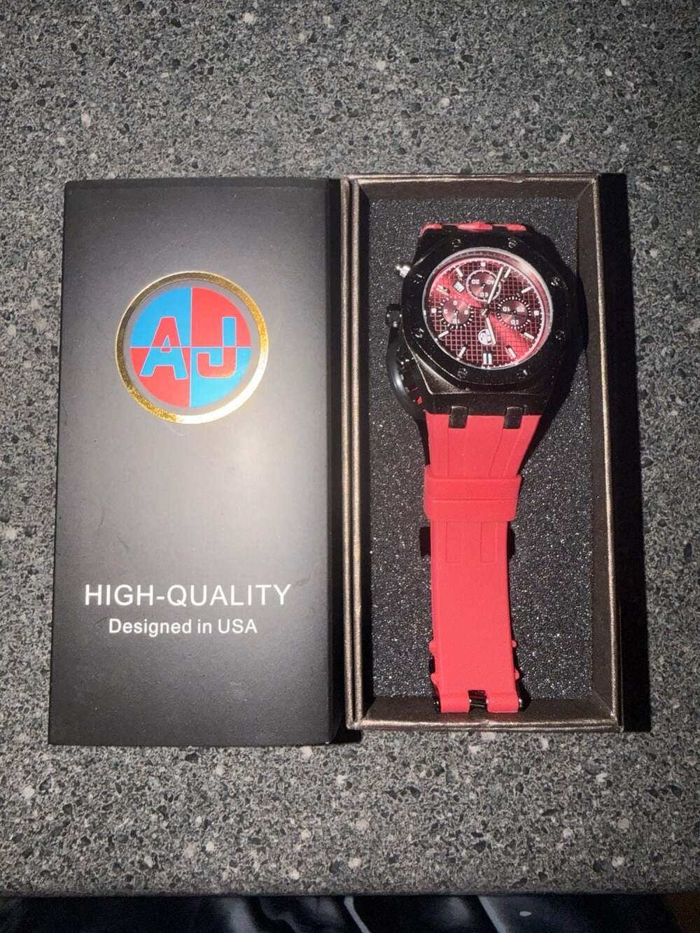 AJ High-Quality Chronograph Watch with Red Silicone Strap